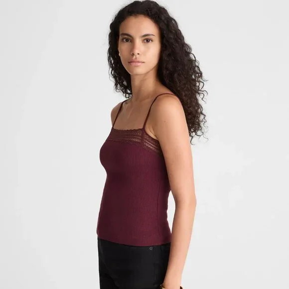Madewell Lace-Trim Square-Neck Tank Dark Pomegranate Small - Picture 2 of 5